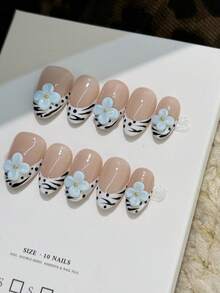 10片纯手工制作的按压式假指甲 | 奢华裸色底色搭配斑马纹法式指尖设计 | 3D浅蓝色花朵图案 | 短款杏仁形 | 光滑表面 | 可重复使用的假指甲，适合作为礼物，完美适用于派对、约会和日常佩戴 - 藍白色 - 查看 6