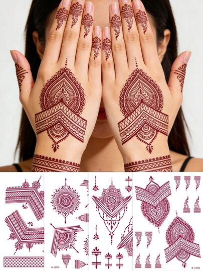 1pc Vermilion Henna Temporary Tattoo Stickers, Waterproof Long Lasting Henna Tattoos, Geometric V-Shape Mandala&Lace Design, For Women&Girls, Festival Party, Rave, Wedding, Fake Tattoos, Henna Body Art, Rave Accessories