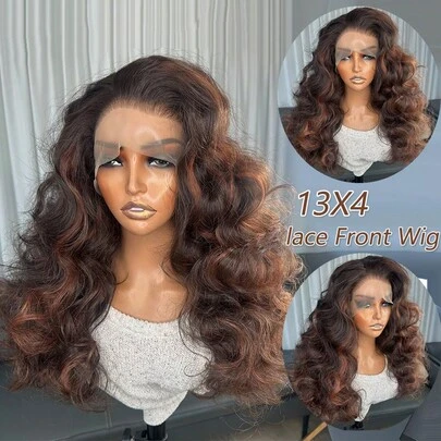 Peluca sintética con encaje frontal de 13x4 pulgadas en color rojo-marrón, de 18 pulgadas de largo medio con flequillo ondulado, densidad del 150% con línea de cabello natural, adecuada para mujeres para moda, fiesta, vacaciones, maquillaje y uso diario