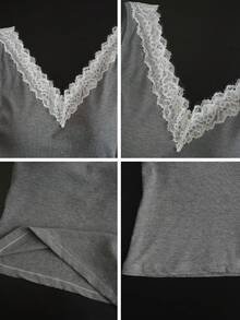 Women's Lace Patchwork V-Neck Camisole, Built-In Padded Sexy Slim Fit Tank Top, Spring/Summer - Grey - View 8