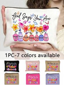 1 pieza Bolsa de maquillaje cristiana inspiradora | "Dios dice que eres único" Estampado floral religioso y versículo bíblico Organizador de viaje portátil con cremallera multifuncional | Disponible en varios colores | Adecuado para uso diario, viajes, playa, vacaciones, viajes de negocios, viajes al trabajo y vida universitaria | Regalo perfecto para damas en vacaciones/Pascua/Día de la Madre/Día de la Independencia/Temporada de bodas/Graduación/Aniversario/Cumpleaños - Multicolor - Ver 1