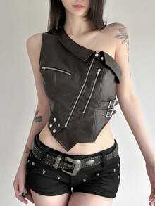 Women's Punk Asymmetric Zipper Design Metal Buckle Crop Top - Grey - View 4