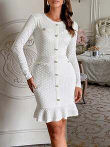 Unadoll Women's Spring Round Neck Winter Set, Faux Pocket, Button Decor, Elegant Dress, Suitable For Party, Date, Birthday, Gathering, Commute, Dinner, Valentine's Day And Other Occasions White - White - View 7