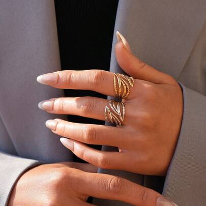 Uself 2pcs/1pc Chic Layered Leaf Ring Set Golden Silver Two Tone Textured Beaded Edge Band Dainty Finger Jewelry For Women, Minimalist Fashion Enthusiasts