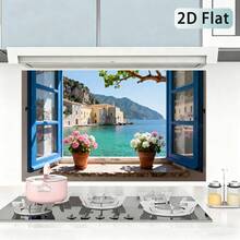 1pc 2D Self-Adhesive Kitchen Wall Sticker | Open Window Seaside Town Seascape With Blue Frame And Flowers, Removable Kitchen And Living Room Splash-Proof Wallpaper, Glossy Vinyl - Style 1 - View 10