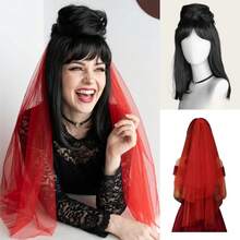 Lydia Deetz Inspired 45cm Black Bob Wig With Fixed Bun & Red Veil Natural Heat Resistant Synthetic Hair For Halloween, Christmas Cosplay 100 Days Of School Anime Cosplay Party - Multicolor - View 12