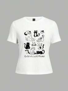 Camiseta blanca casual de cuello redondo para mujer con impresión del gato a rayas en blanco y negro y texto 'El gato es el mejor amigo', adecuada para el verano y ajustada al Body - Blanco - Ver 3