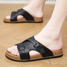 黑色皮革双扣露趾勃肯男士凉鞋，防滑耐磨轻便EVA平底凉鞋，休闲户外沙滩百搭凉鞋 - 黑色 - 查看 5