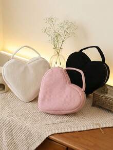1个可爱心形灯芯绒手提包，大容量，便携耐用，双拉链设计，纯色搭配玫瑰金，多功能化妆包，旅行收纳包，适合存放化妆品、口红、眉笔等，是理想的学校和办公用品，也是完美的伴娘礼物，适合学生和上班族，可用于返校促销、情人节、万圣节、圣诞节、感恩节、生日、返校季、圣尼古拉斯节、主显节、圣诞节、婚礼纪念品等场合。 - 查看 1