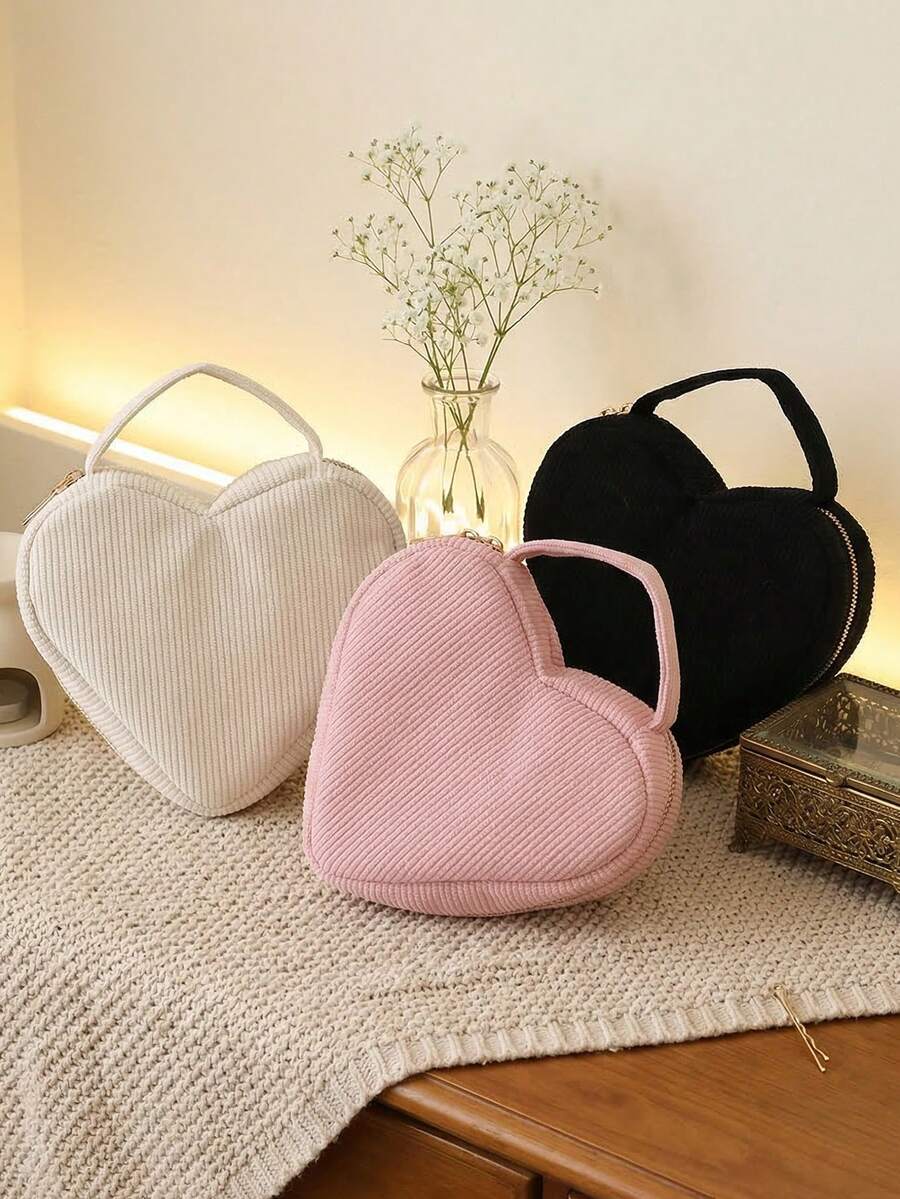 1个可爱心形灯芯绒手提包，大容量，便携耐用，双拉链设计，纯色搭配玫瑰金，多功能化妆包，旅行收纳包，适合存放化妆品、口红、眉笔等，是理想的学校和办公用品，也是完美的伴娘礼物，适合学生和上班族，可用于返校促销、情人节、万圣节、圣诞节、感恩节、生日、返校季、圣尼古拉斯节、主显节、圣诞节、婚礼纪念品等场合。 - 查看 1