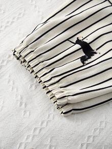 Set de 3 piezas de pijama de mujer con estampado de rayas y de cachorro, de tela arrugada y con efecto de burbujas - Beis - Ver 5