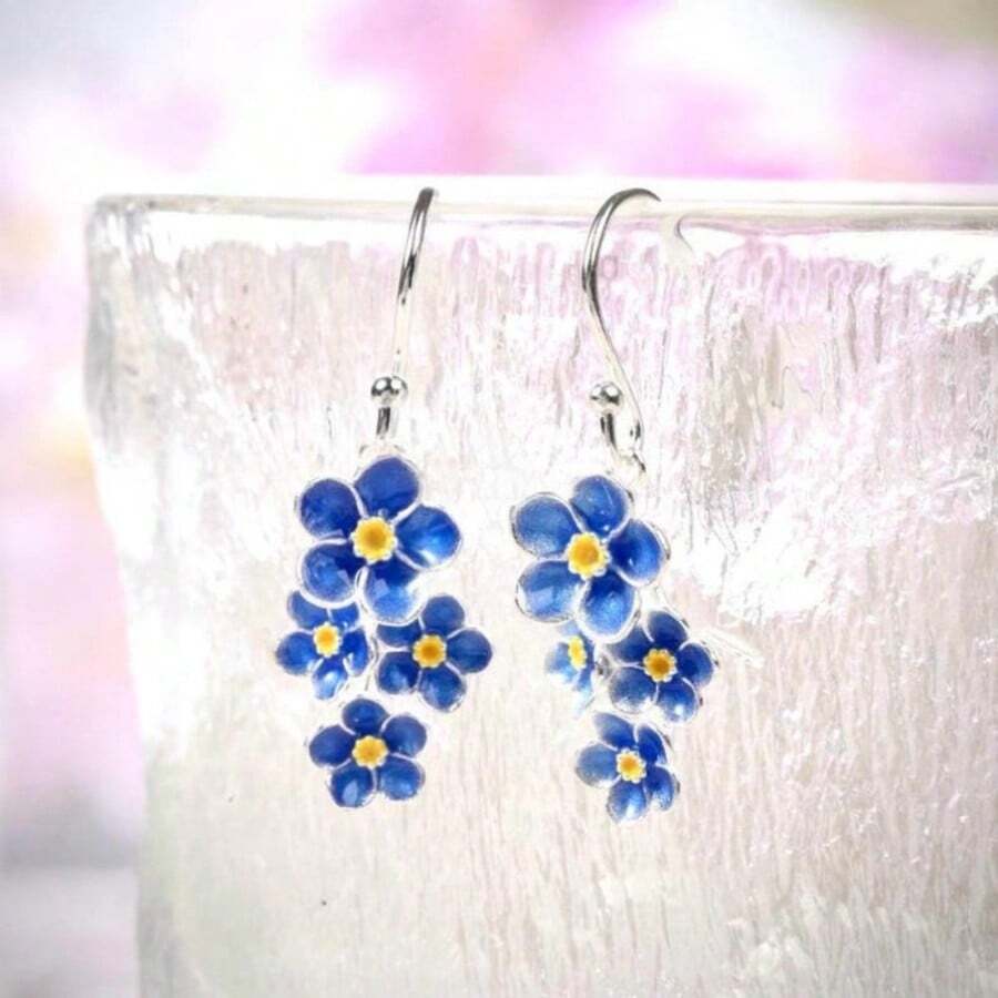 Vintage Copper Flower Hook Earrings, Dangle Earrings, Wedding Jewelry, Handmade Synthetic Blue Enamel Flower Earrings, Mother's Day Gift, Commemorative Souvenir, Valentine's Day Gift - Multicolor - View 1