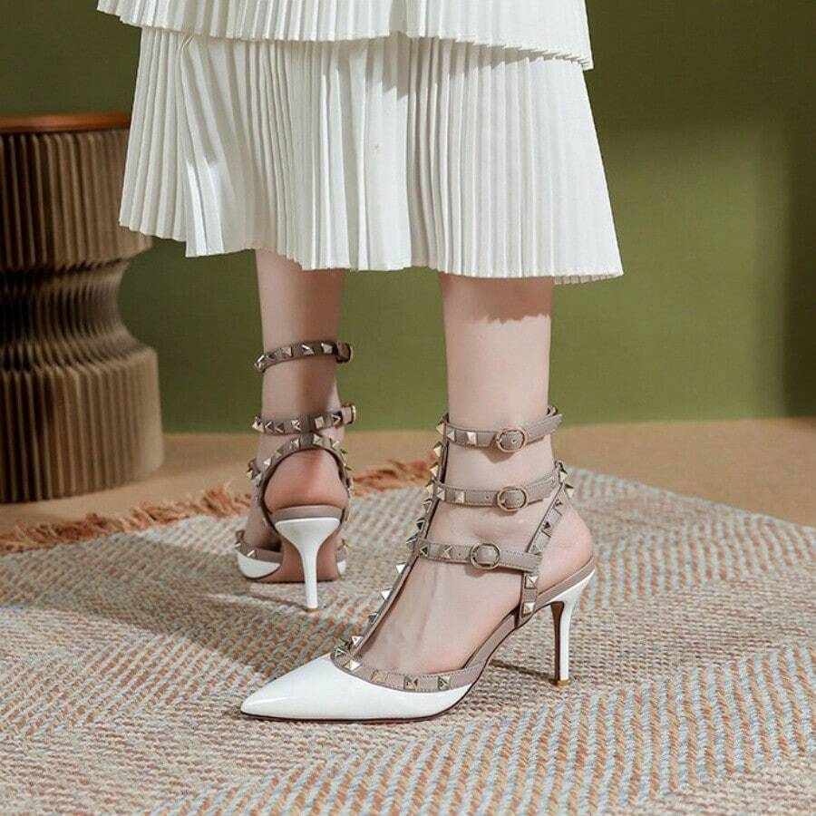 Rivet Package Pointed High Heels Summer Europe And The United States Sexy Lutin Fine Heel Strap Sandals Wedding Shoes Female - 白色 - 查看 1