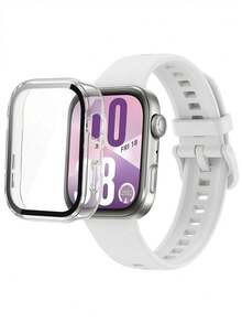 2pcs White Soft Silicone Strap And Full Coverage Transparent Screen Protector Compatible With Huawei Watch Fit 3/Fit 4/Fit 4 Pro, Breathable Sports Replacement Band With Scratch-Resistant Protective Case, Adjustable Sweat-Proof Watch Accessories For Men And Women - White - View 1