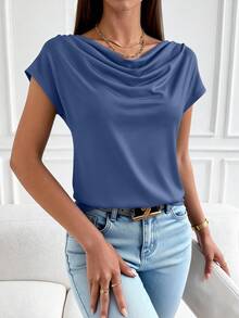 PRETTYGARDEN Women's Summer Clothes Tops Dressy Casual Clothing Cowl Neck Short Sleeve Blouses Business Work Office Shirts  Tops For Women - 深藍色 - 查看 1