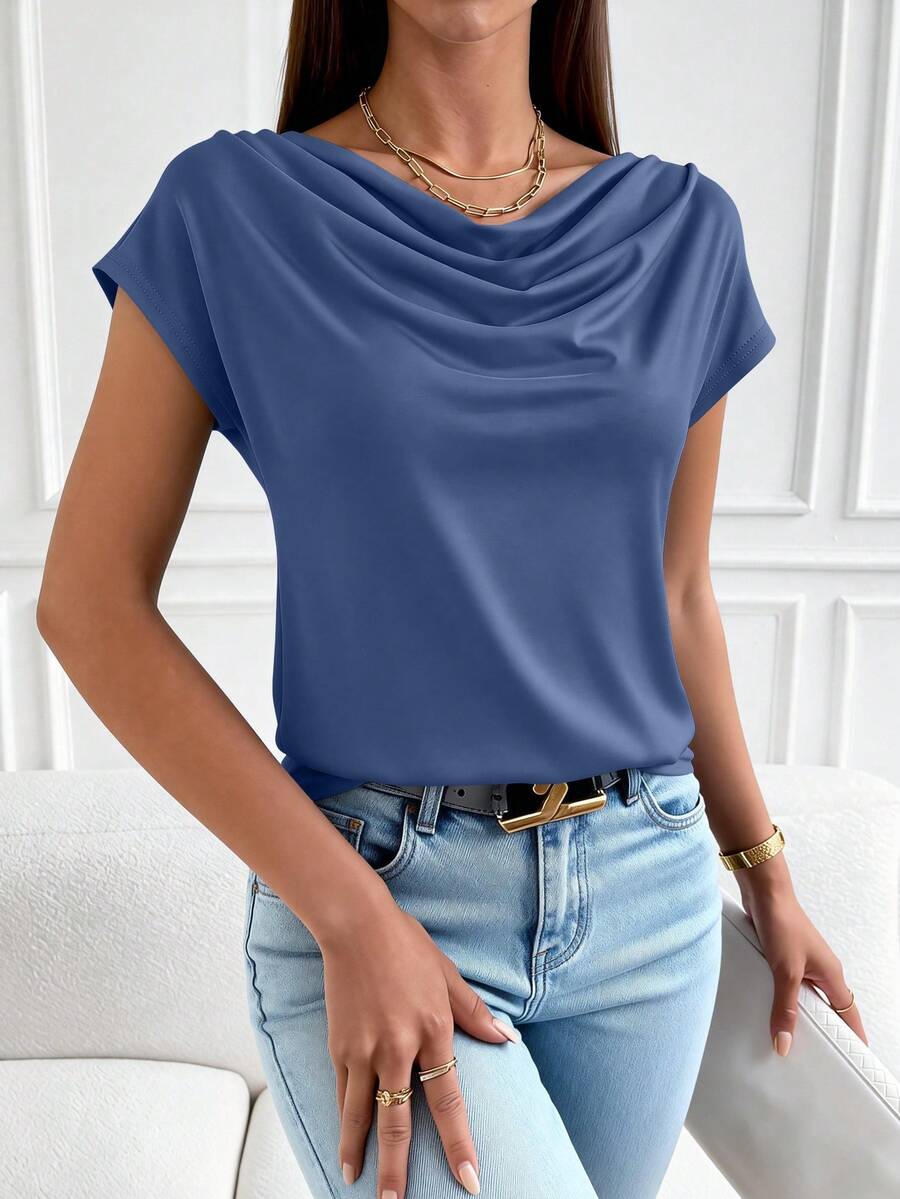 PRETTYGARDEN Women's Summer Clothes Tops Dressy Casual Clothing Cowl Neck Short Sleeve Blouses Business Work Office Shirts Tops For Women - 深藍色 - 查看 1