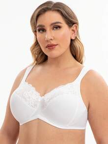 MELENECA Women Plus Size Full Coverage Wireless Lace Padded Shoulder Bra - White - View 5