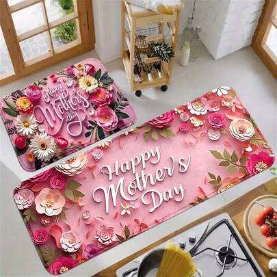 母亲节花卉地垫，包含康乃馨、雏菊、玫瑰和“母亲节快乐”字样 - 适用于家居、厨房、浴室、阳台装饰，厨房地垫 | 优雅书法字体 | 针织面料，母亲节礼物，适用于厨房、家居、办公室、水槽、洗衣房、浴室春季装饰，多种尺寸可选 | 适用于卧室、客厅、餐厅、浴室、洗衣房、玄关、厨房家居及节日装饰，厨房地毯
