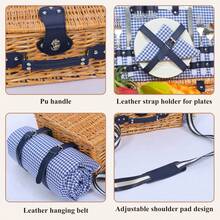 Picnic Basket 4 With Waterproof Picnic Blanket And Insulated Cooler, Willow Hamper Camping, Outdoors, Photoshoot, Or A Birthday, Valentine's Day, Wedding, Pink - 藍白網格 - 查看 7