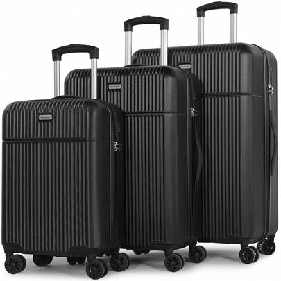 Luggage Set 3 Piece, Black, Hardshell Suitcase With 4 Spinner Wheels, Vertical Striped Design