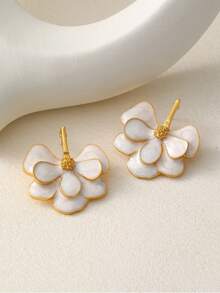 2pcs Enamel Pink Floral Earrings, French Gentle And Elegant - Plated Exaggerated Earrings - Multicolor - View 18