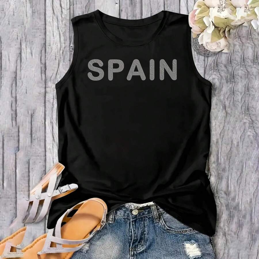 Women's SPAIN Letter Print Casual Sleeveless Tank Top - Black - View 1