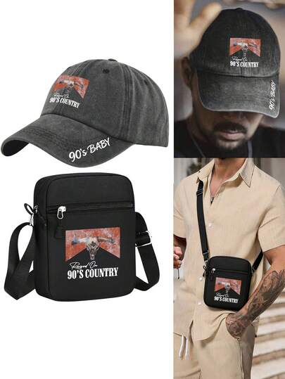 1pc/2pcs Vintage "Raised On 90's Country" Graphic Print Adjustable Washed Baseball Cap And Bag Set, Personalized Streetwear Fashion, Suitable For Work, Campus, Outdoor, Travel, Casual, Great Gift For Yourself Or Friends
