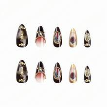 Almond Press On Nails Medium Fake Nails Brown Fall Glue On Golden  Baroque Art Acrylic Nails 3d Heart Charm Metallic Ball Design Stiletto Manicure Stick On False Nails - 酒紅色 - 查看 5