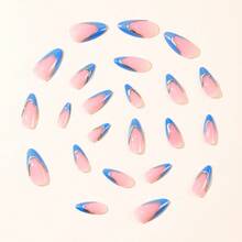 24 Pieces Of Almond Shaped Irregular Blue Cat Eye French Border 3D Three-Dimensional Gilded Detachable Fake Nail Patches - 藍色 - 查看 3