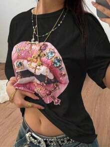Summer ClothesWomen'S Streetwear Daily Wear Vintage Y2K Hip-Hop Casual,New Years Fit Women,Valentine'S Day, Tops Women,Leisure And Versatile Daily Travel,Oversized Crop Lips Graphic TeeMinimalist Style Sweatshirt,Crop Top,Graphic Tees WomenLoose And Comfortableropa De Verano Mujer - 粉色 - 查看 6