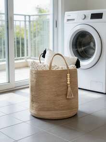 1pc Large Foldable Laundry Basket With Handle, Storage Basket, Bead Pendant Decoration Storage Basket, Hand Woven Storage Basket, Suitable For Living Room, Bedroom, Home, Clothing Storage, Toy Storage, Pillow Storage, Blanket Storage, Gift Storage, Christmas, Birthday Party, Gift Storage - Multicolor - View 5
