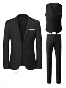 Men Slim Business Casual Suits Dress Three Pieces Set Jacket Pants Vest Male Wedding Groom Wedding Blazer Coat Trousers Waistcoat High-Quality Professional Commuting Suit Sets - màu đen - Xem 2