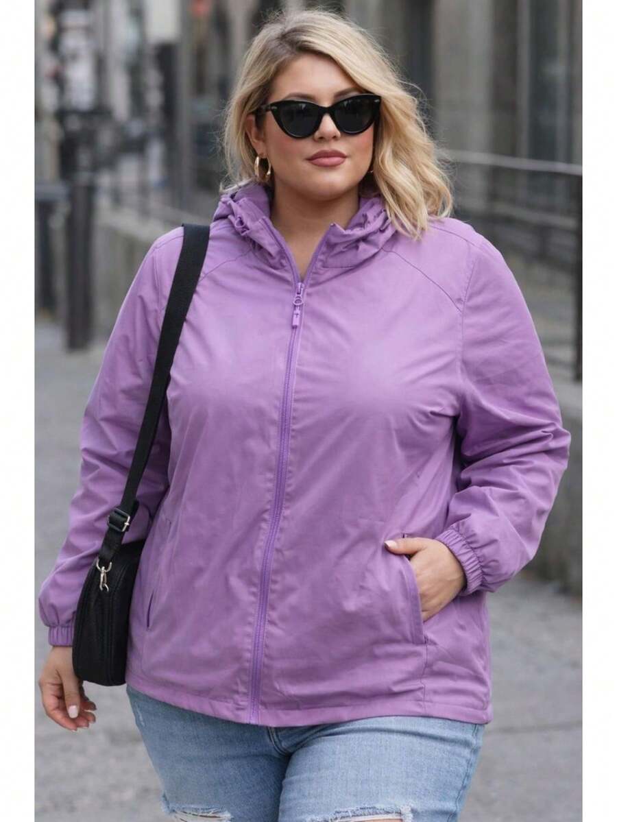 Plus Size Windbreaker Jacket With Hood - màu tím nhạt - Xem 1