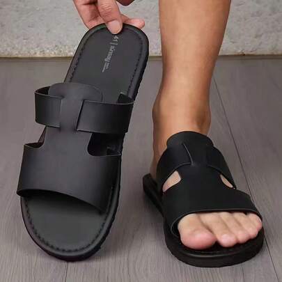 1 Pair Men's Premium Leather Open-Toe Sandals, Adjustable Strap Casual Slippers, Comfortable & Versatile, Suitable For Indoor Home Use, Durable Non-Slip Sole, Long-Lasting Wear