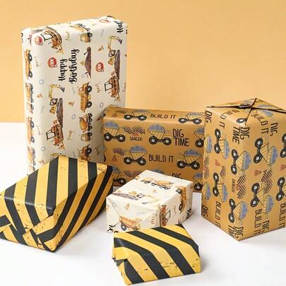 3/6 Sheets Construction Machinery Themed Wrapping Paper - Birthday Party Supplies Featuring Excavator, Bulldozer, Dump Truck And Happy Birthday Page - Construction Themed Gift Wrapping Paper