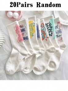 5 Pasang Kaos Kaki Setengah Betis Acak untuk Wanita, Serbaguna untuk Pemakaian Sehari-hari, Musim Semi/Gugur, Kaos Kaki Panjang Putih Gaya Jepang - MultiWarna - View 6