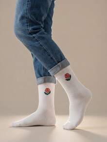 2 Pairs Rose Embroidery Retro Style Moisture-Wicking Breathable Crew Socks, Suitable For Campus, Daily Wear, Unisex - Black and White - View 9