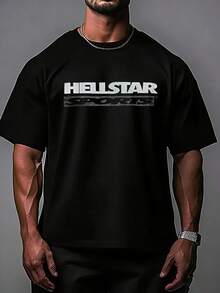Hellstars Sport Logo Y2K Graphic T-Shirt,220g 100% Cotton,Round Neck Short Sleeve,Black Streetwear Essential For Summer Going Out,Unisex Style - 黑色 - 查看 1
