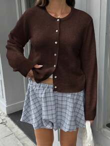 Spring Autumn Winter New Coffee Color Round Neck Single Breasted Knit Women's Top, Casual Y2K Style Cardigan, Suitable For Daily Commute Wear - Coffee Brown - View 6