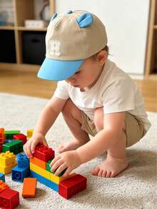 1pc Toddler Khaki & Blue Contrast Cute Bear Ear Letter Embroidery Baseball Cap, Soft Breathable Sun Protection Hat Suitable For Outdoor Play, Daycare, Travel And Casual Wear, Fits Ages 1-3 - Blue and Skin Color Combination - View 5