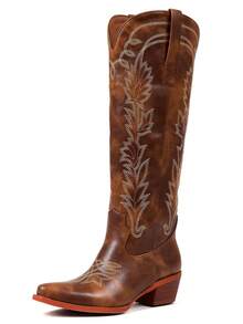 Women Western Knee High Boots Cowboy Long Chunky Block Heeled Boots Pointed Toe With Side Zipper Cowgirl Boots Vintage Country Comfy Mid-Calf Boots - 棕色 - 查看 5