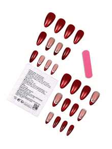 24PC Dark Red Cat Eye Press On Nails Almond - Soft Gel Short Press On Nails For Women Gift, Glossy Glue On Nails In Reusable Fake Nails Kit With Glue, Wine - Multicolor - View 7