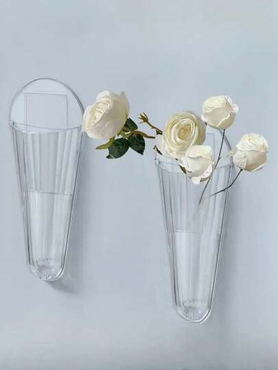 Jarrón de flores secas transparente montado en la pared, de diseño moderno y ahorro de espacio - Autoadhesivo, con orificio de drenaje, caja de almacenamiento multifuncional montada en la pared, adecuado para decoración interior/exterior, jarrón de pared para boda de verano