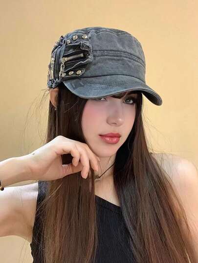 复古铆钉水洗平顶帽，小众美式做旧贝雷帽，超大款修饰脸型，夏季沙滩风。