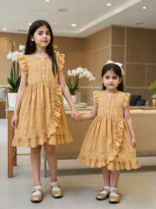 Young Girl Plain Round Neck Ruffle Casual Vacation Dress - Ginger - View 10