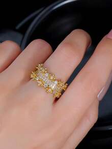 1pc Luxury Elegant Starry Sky Zirconia Inlaid Adjustable Copper Ring, Suitable For Banquet, Holiday Gift, Party - Yellow Gold - View 7