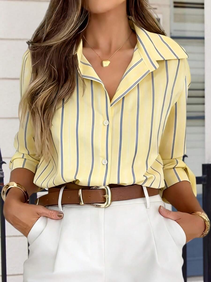 Women's Striped Button-Front Shirt, Office Wear - Yellow - View 1