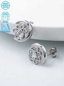 1 Pair Zirconia Moon & Dog Paw Earrings, Suitable For Women's Daily Wear - Silver - View 5