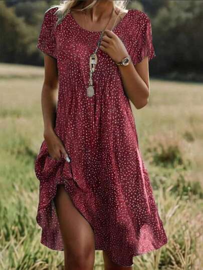 Women's Fashionable Casual Elegant Holiday Round Neck Short Sleeve Dress Summer