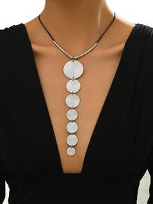 1件复古几何Y形长款纹理圆盘项链，适合女士休闲日常佩戴 - 銀色和黑色 - 查看 3